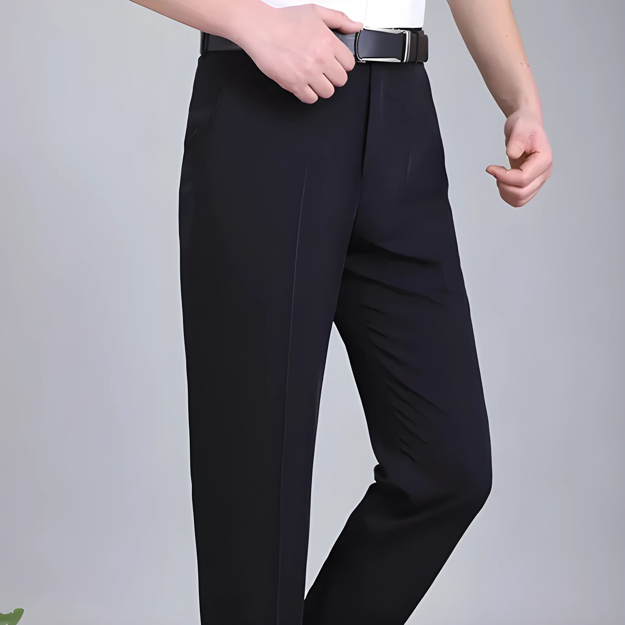 Men's straight-leg mulberry silk blend suit pants in dark blue on a hanger.