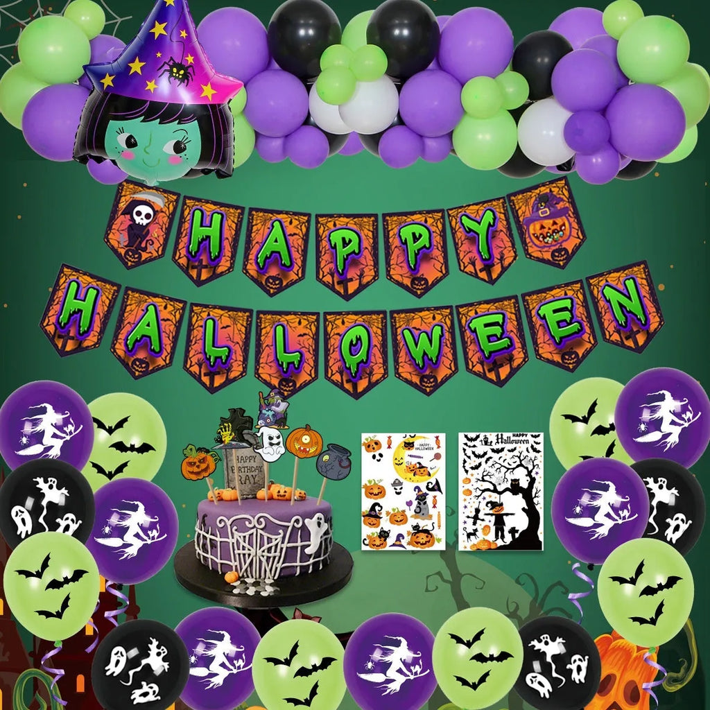 Halloween balloon combo set showing skull and pumpkin designs with a spider motif balloon arch in black and white.