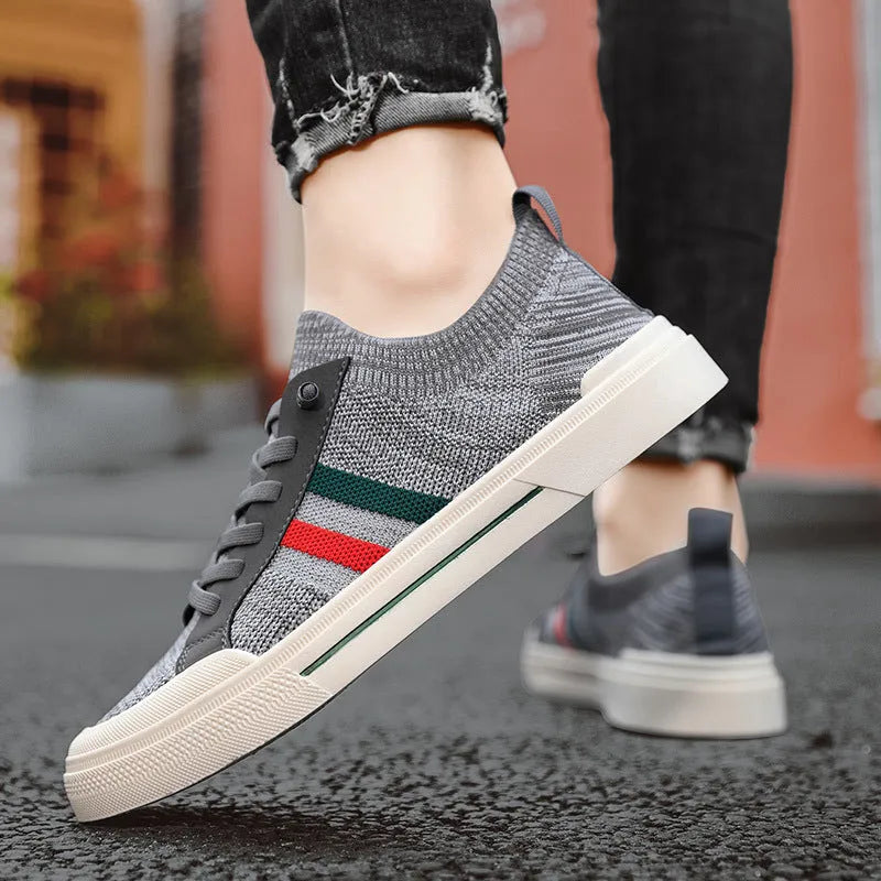 Breathable thin knitted mesh men's casual sneakers in beige with flat rubber sole and elastic band closure