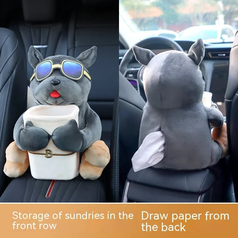 Plush car tissue box for flip armrest with dog design, 27x33cm