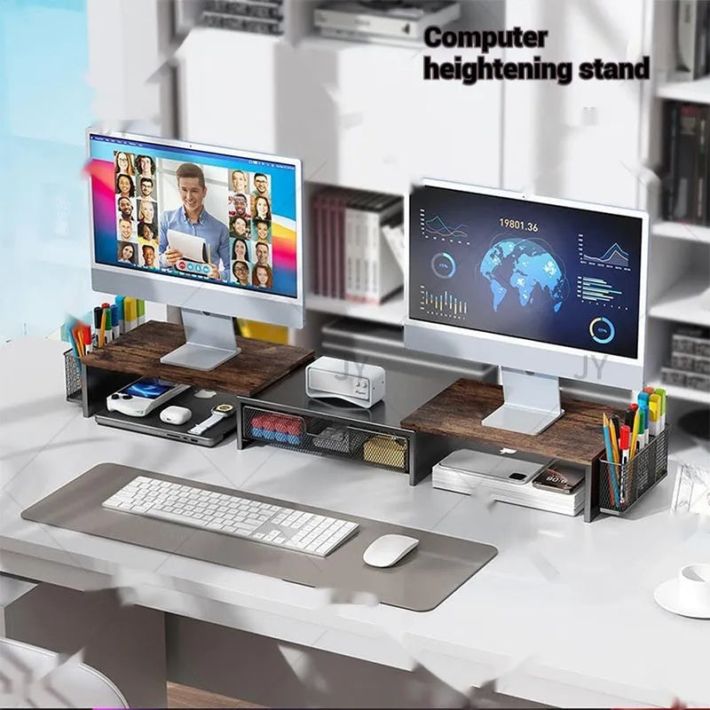 Double-station carbon steel monitor elevated rack in black with retractable design on desk