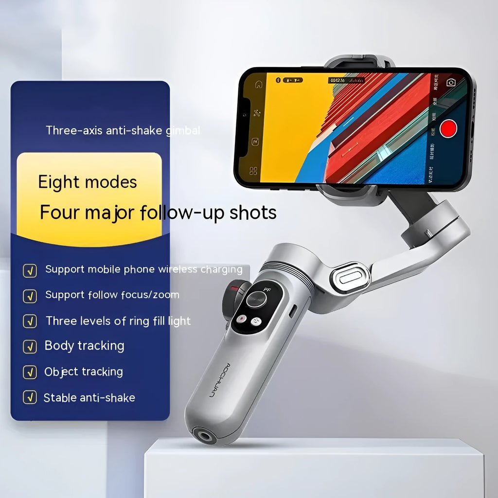 Pro Mobile PTZ Stabilizer three-axis anti-shake gimbal for smartphone in silver grey with ABS body and tripod