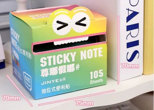 Transparent pull-out sticky notes with gradient pearl colours in a box, showing six colour theme options.
