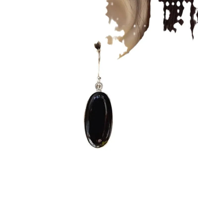 Black agate oval pendant earrings on 925 silver with geometry design