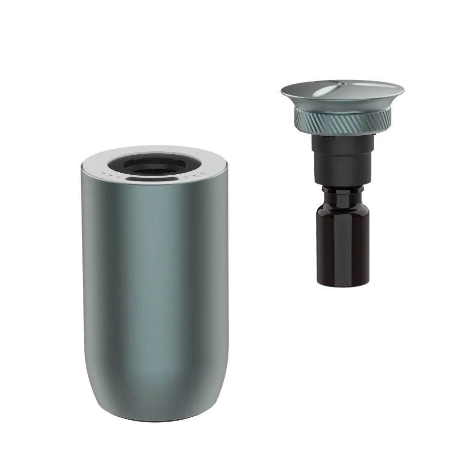 Small rechargeable metal column aroma diffuser in black with touch button and one fog export