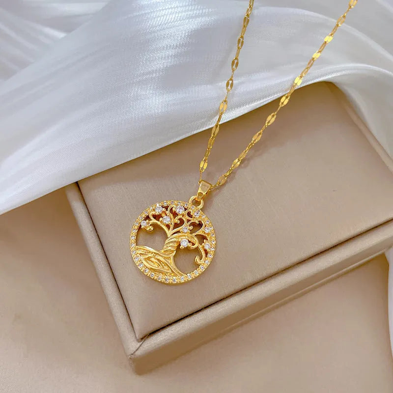 Gold-plated cross necklace with mother pearl pendant featuring zircon lucky tree design on adjustable chain