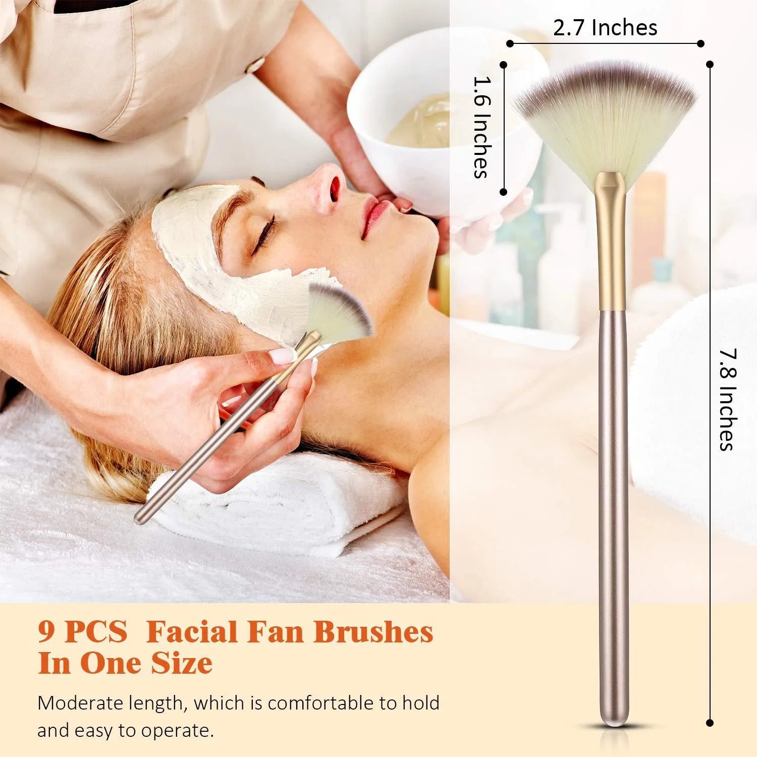 Ten champagne-coloured acrylic handle fan brushes with soft white bristles and clear protective covers.