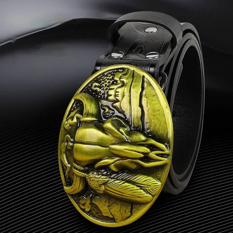 Men's brown leather belt with detailed cow head alloy buckle and pin fastening mechanism