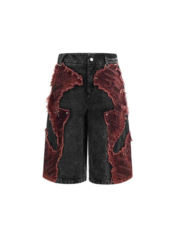Distressed brushed stitching denim cropped pants for women, wide leg, mid-high waist, loose fit, picture colour