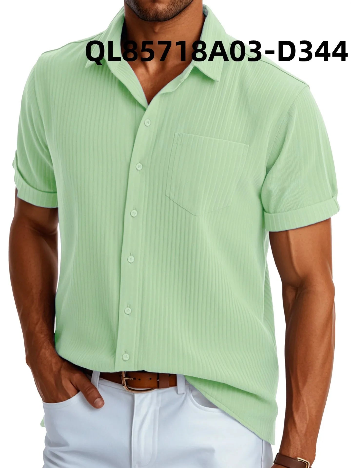 Men's loose short sleeve lapel shirt in printed polyester, black line D344 design, front view