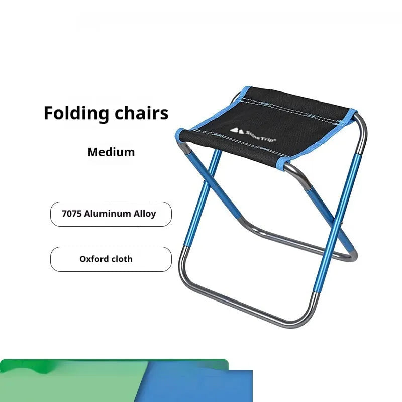 Black aluminium folding camping stool with ethnic patterning in folded and unfolded positions