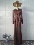 Dark brown women's retro style long sleeve dress with floral pattern and faux two-piece design.
