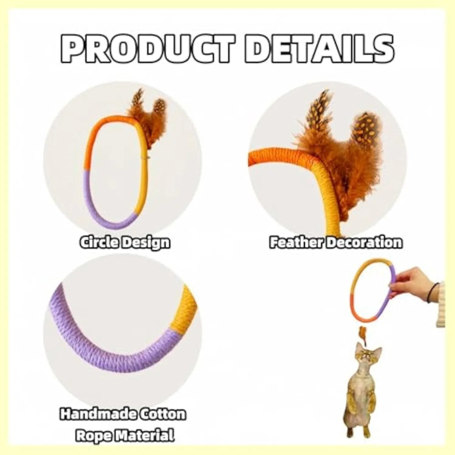 Green circular cotton rope cat toy with feathers and catnip for interactive feline play
