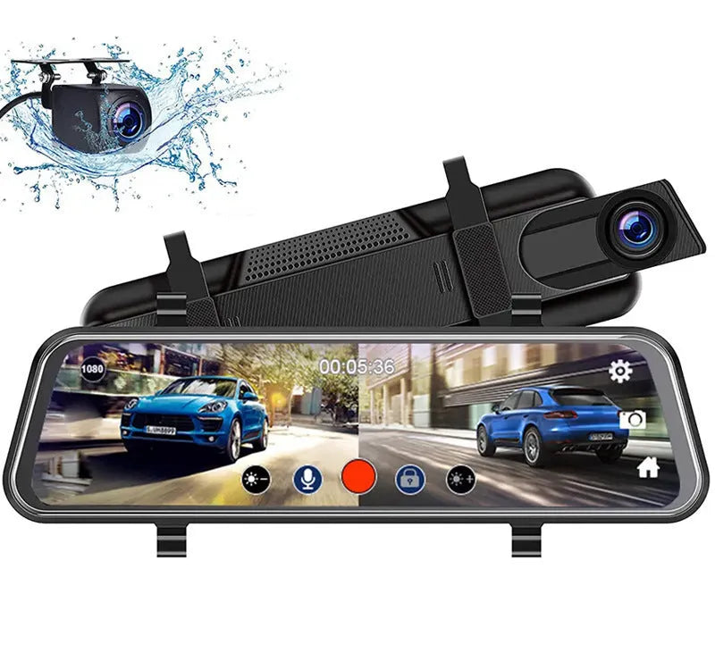 10-inch full screen dash cam with front and rear dual lens recording in 1080p, touch operation, and parking surveillance features.