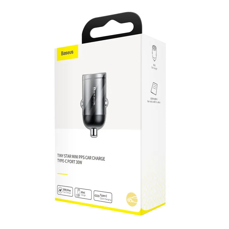 Electro-optical grey Baseus 30W PPS single USB car charger with a 1 metre cable.