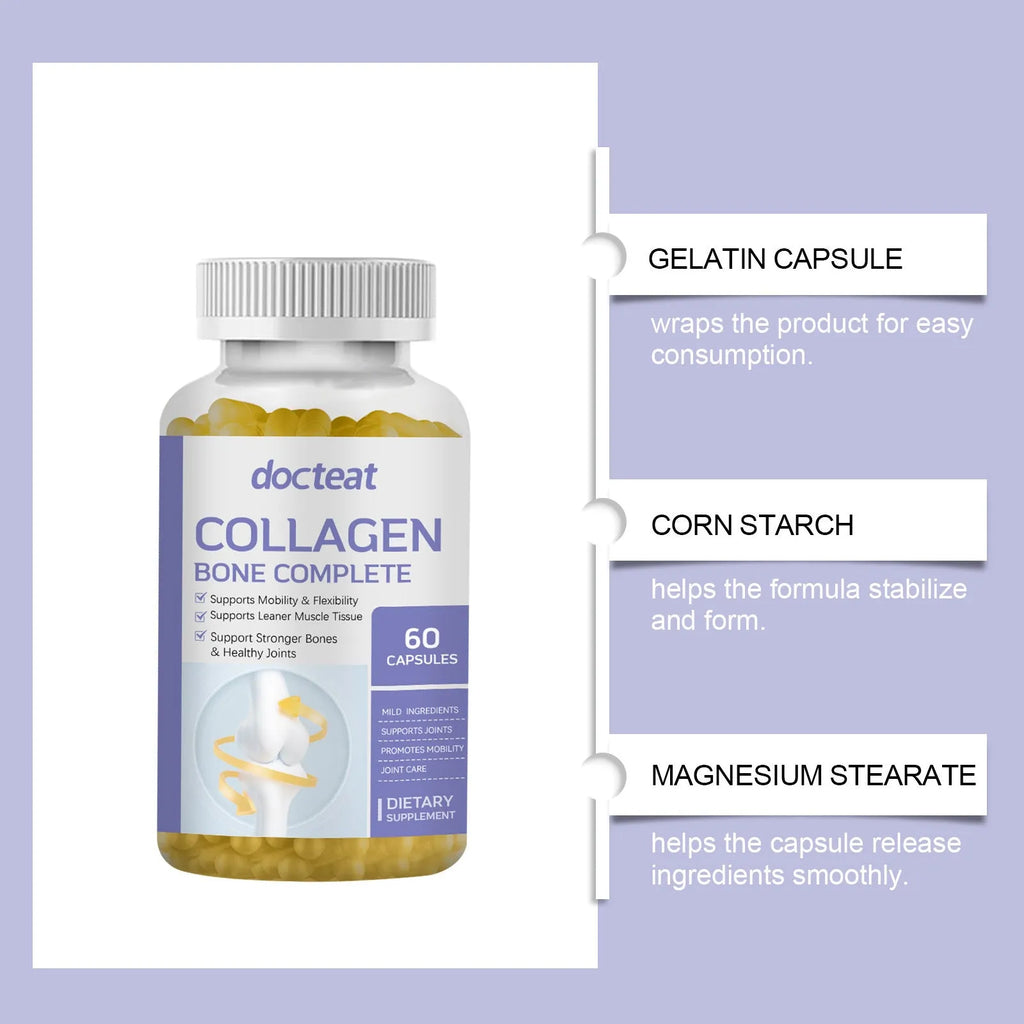Bottle of collagen capsules with multivitamin vitamin C D3 K2 calcium 60 capsules