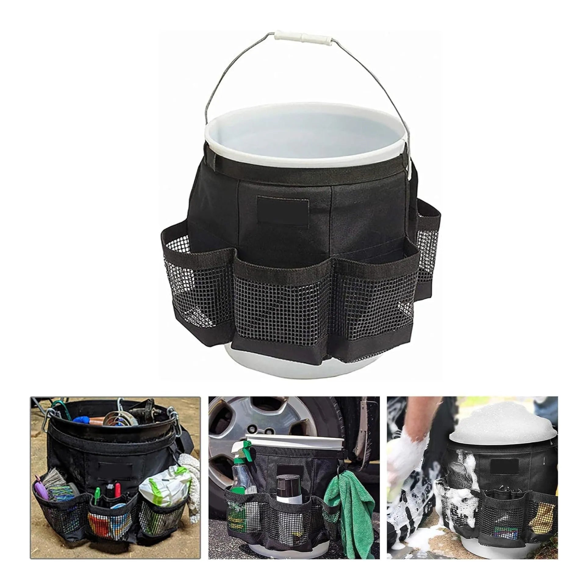 Black cylindrical polyester storage bag hanging on 5 gallon barrel with tools organised inside