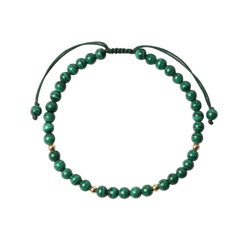 Natural malachite crystal bracelet for women with hand woven golden balls and textured stone beads