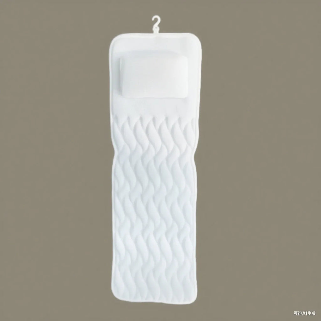 White bathtub pillow with mesh fabric and suction cups on a bathtub edge.