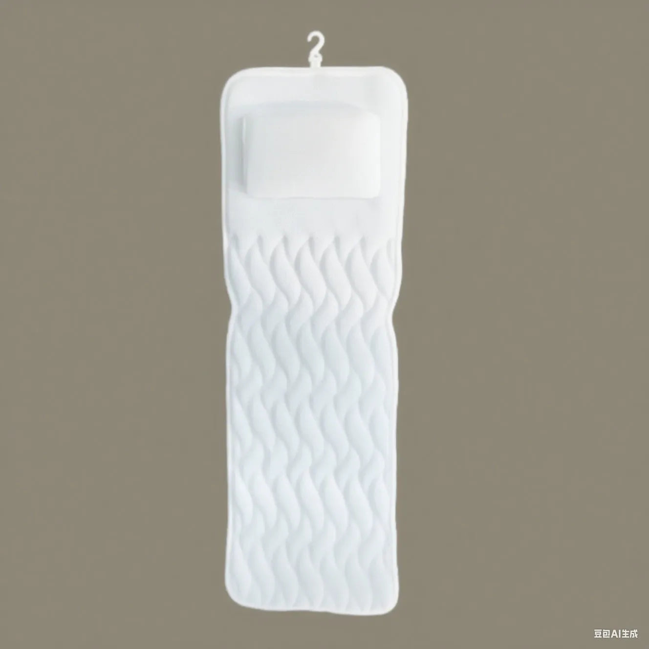 White bathtub pillow with mesh fabric and suction cups on a bathtub edge.