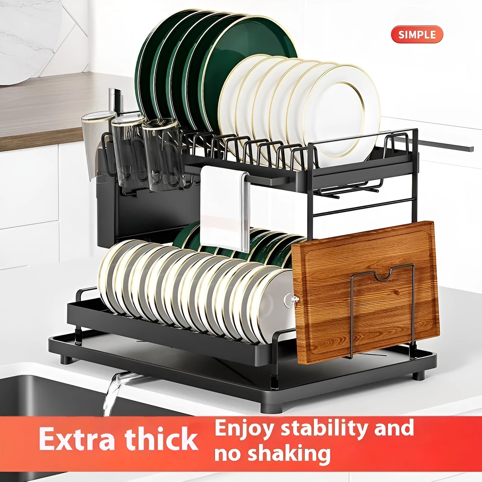 White double-layer kitchen storage rack with removable draining shelf made from carbon steel