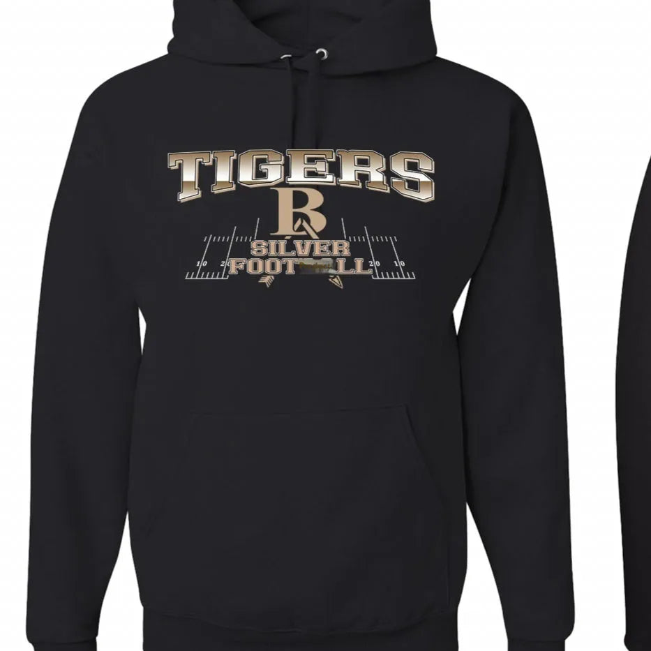 Black pullover hoodie with drop-shoulder sleeves on a neutral background