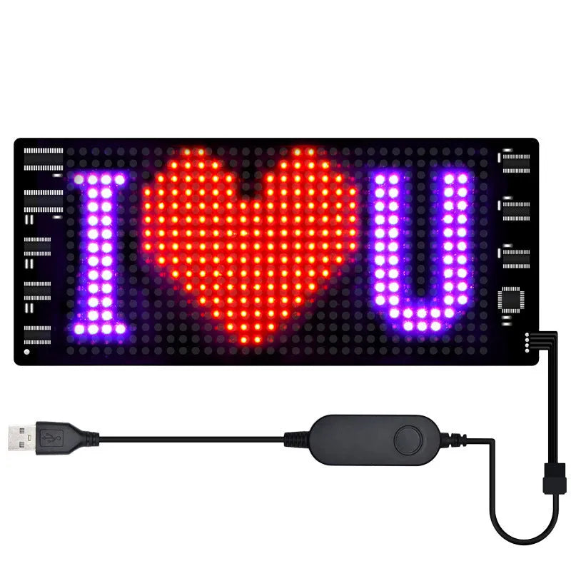 Programmable car LED sign with full-colour display showing custom text and patterns, 16x32 resolution, 7x17cm screen