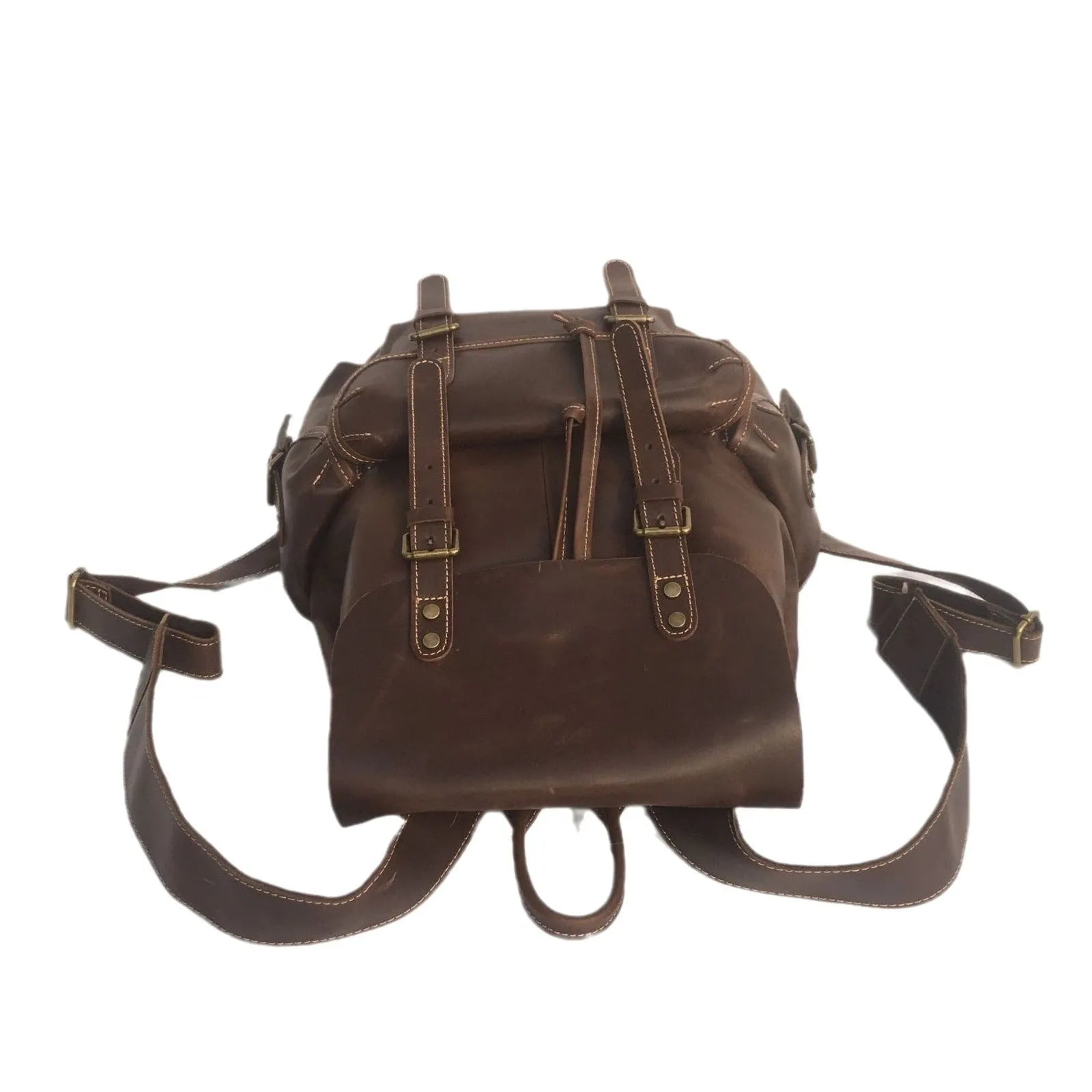 Men's coffee brown top layer cowhide leather backpack with air pillow belt shoulder straps