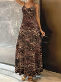 Dark brown leopard print casual dress with sleeveless sling design and round neck