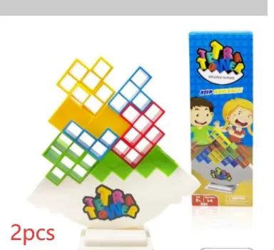 Plastic balance stacking game with 16 coloured blocks, chassis and base for family travel parties