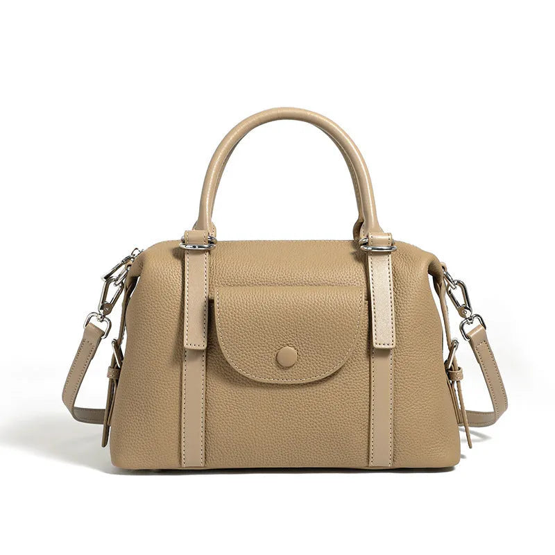 Genuine leather ladies handbag in black with contrast stitching and lock hardware