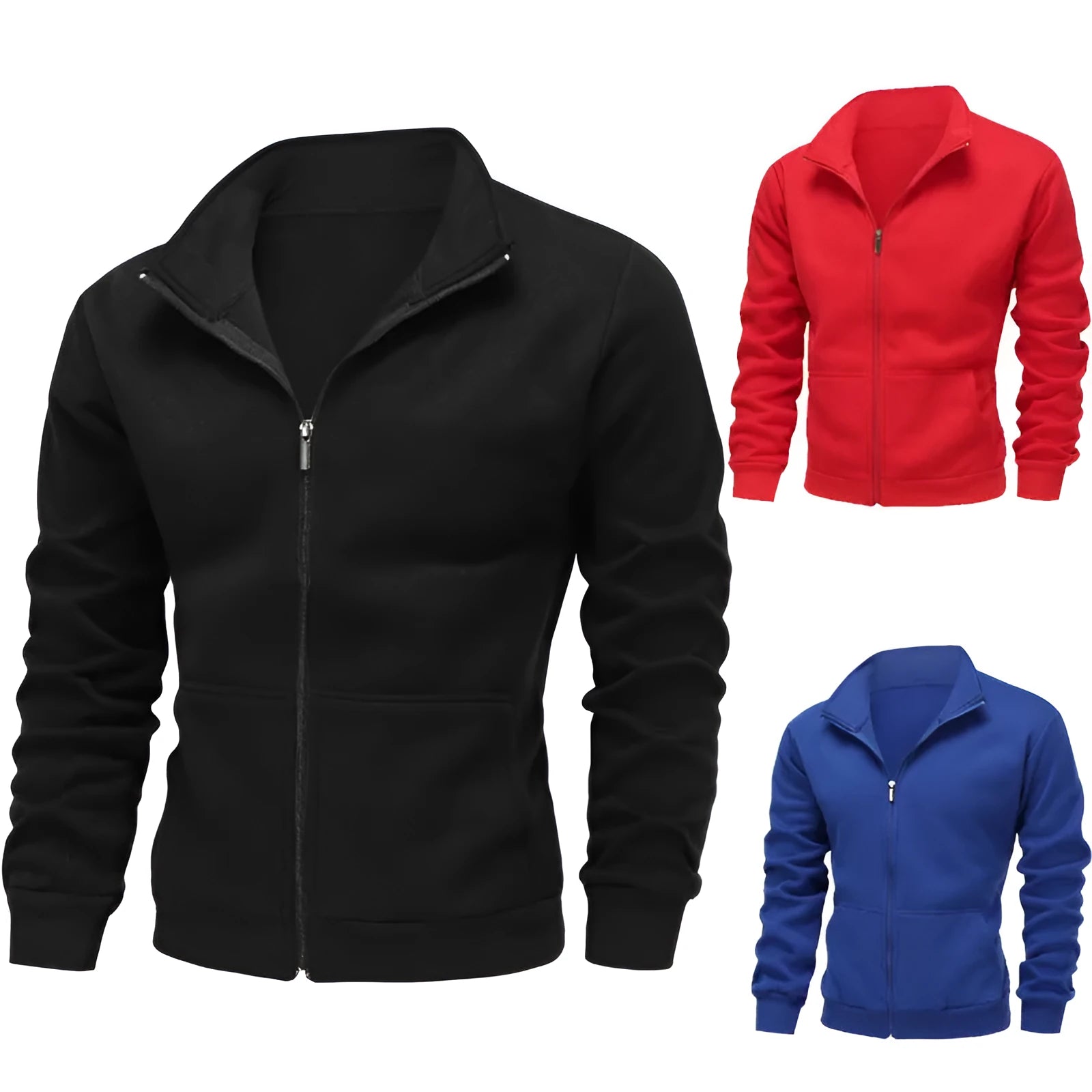 Men's loose fit polyester cardigan jacket in black with dimensional patch pocket, front view