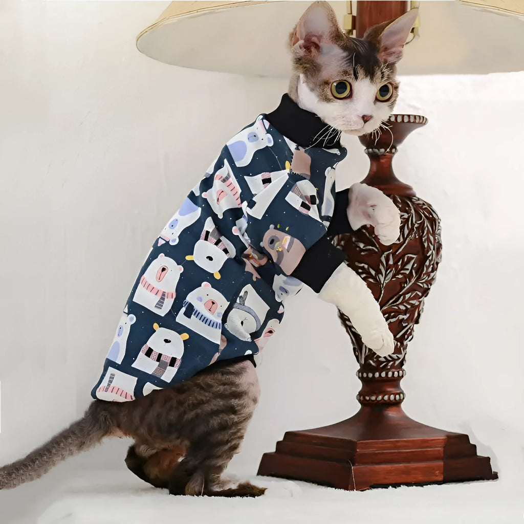Cotton hairless cat bottoming clothing with lion print, two-legged design, on a light background