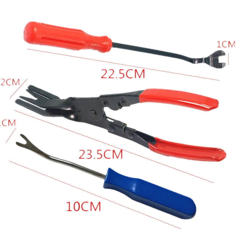 Red-handled steel automotive door panel clip removal tool for General Motors vehicles