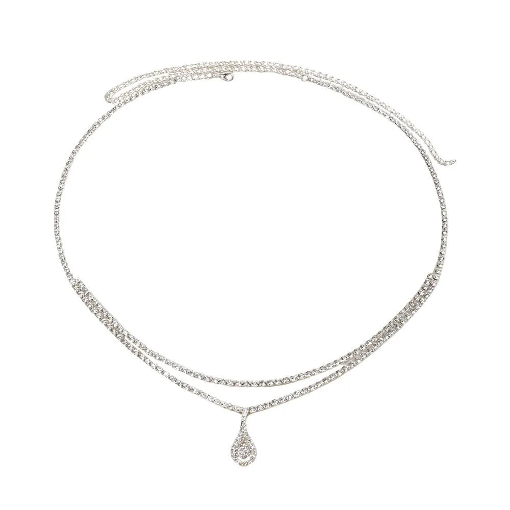 Gold water drop pendant waist chain with sparkling rhinestone tassel and lobster buckle.