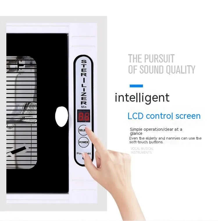 Small silver ultraviolet steriliser cabinet with stainless steel interior for salon tools.