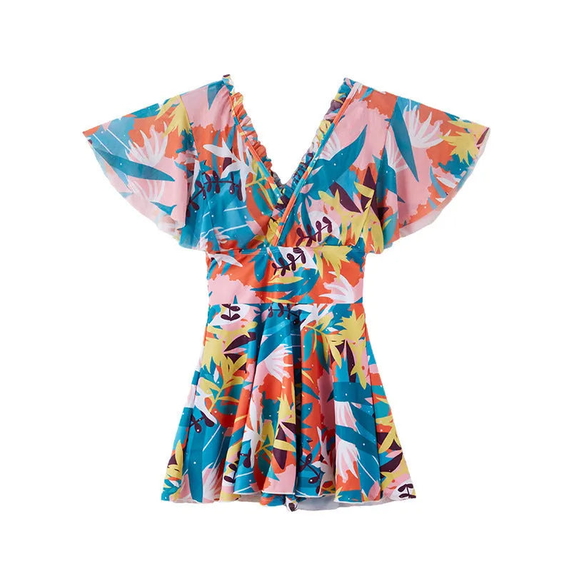 Women's colourful printed one-piece polyester swimsuit with full belly coverage, Asian sizing M-3XL
