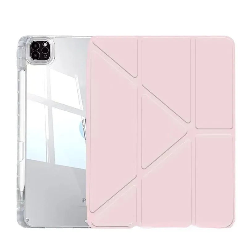 Transparent acrylic iPad protective cover showing magnetic attachment points and built-in viewing bracket