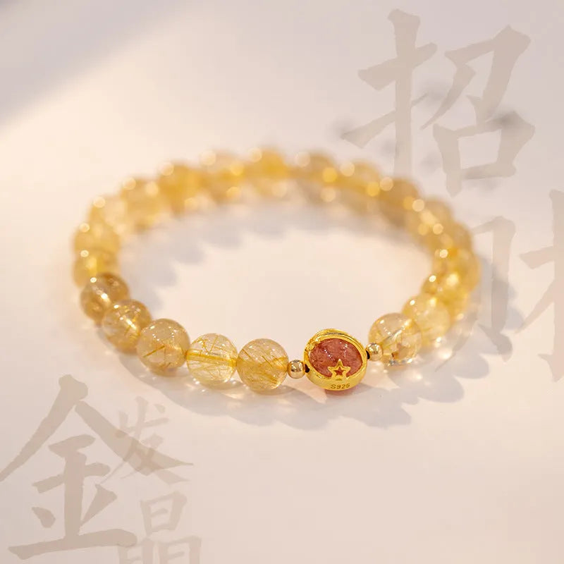Natural gold rutilated quartz crystal bracelet with diamond cut beads, 6mm and 8mm sizes, unisex design
