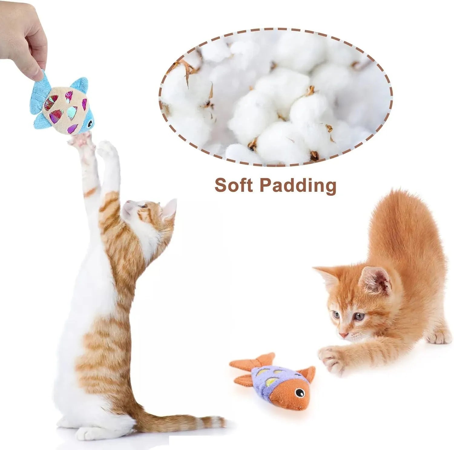Two soft plush goldfish-shaped catnip cat toys with crinkle paper on a light background