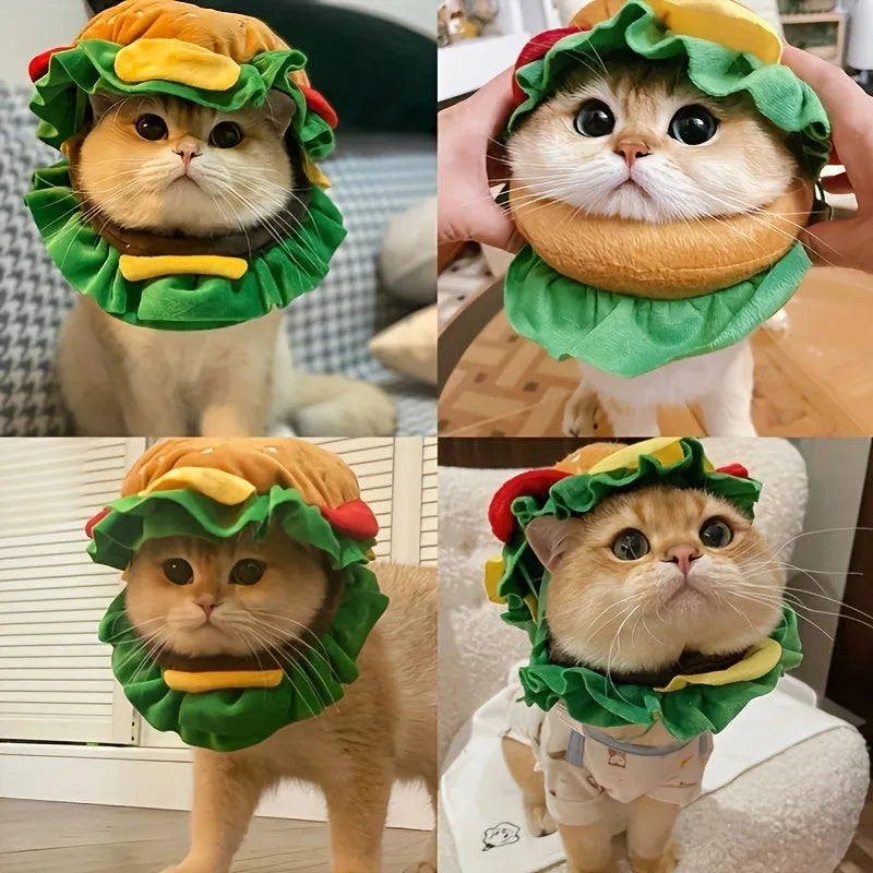 A cat wearing a soft, colourful burger hat collar as an alternative to a plastic cone.