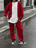 Women's loose fit red polyester coat and trousers two-piece street style set