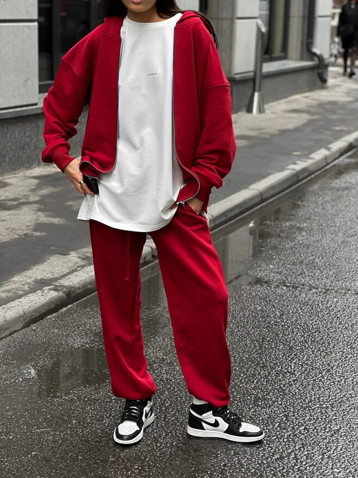 Women's loose fit red polyester coat and trousers two-piece street style set