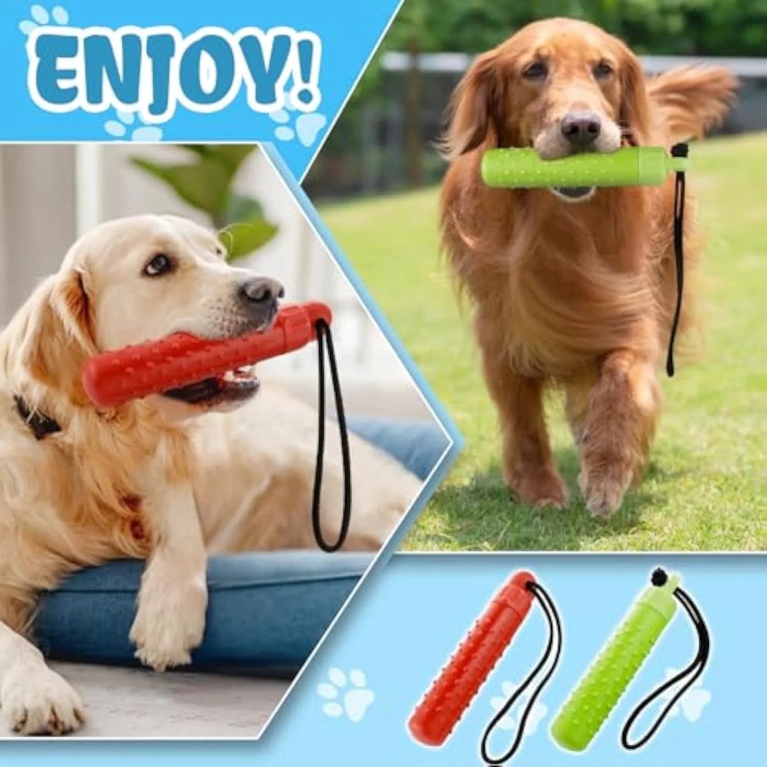 Floating dog pool toys in red and green TPR with rope, resting on water surface