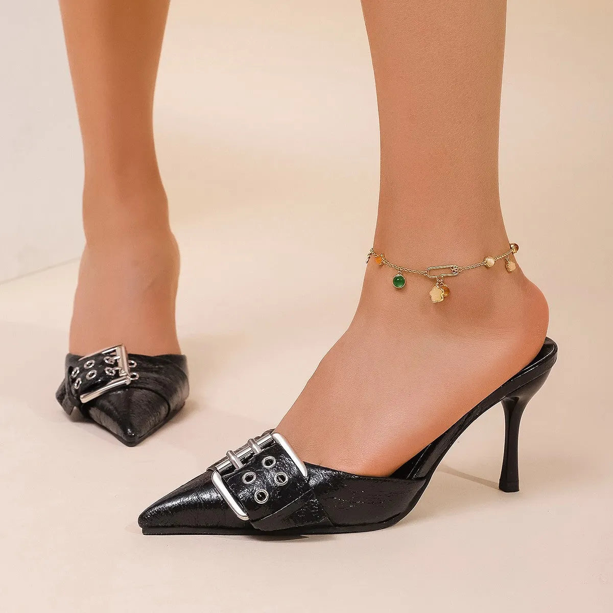 Women's black PU pointed toe buckle strap high heels, size range 35 to 42