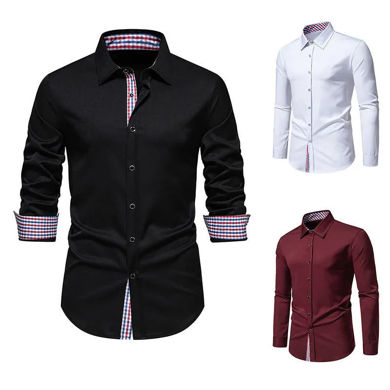 Men's loose plaid stitching casual long-sleeved shirt in polyester fibre, available in black, cardigan style.