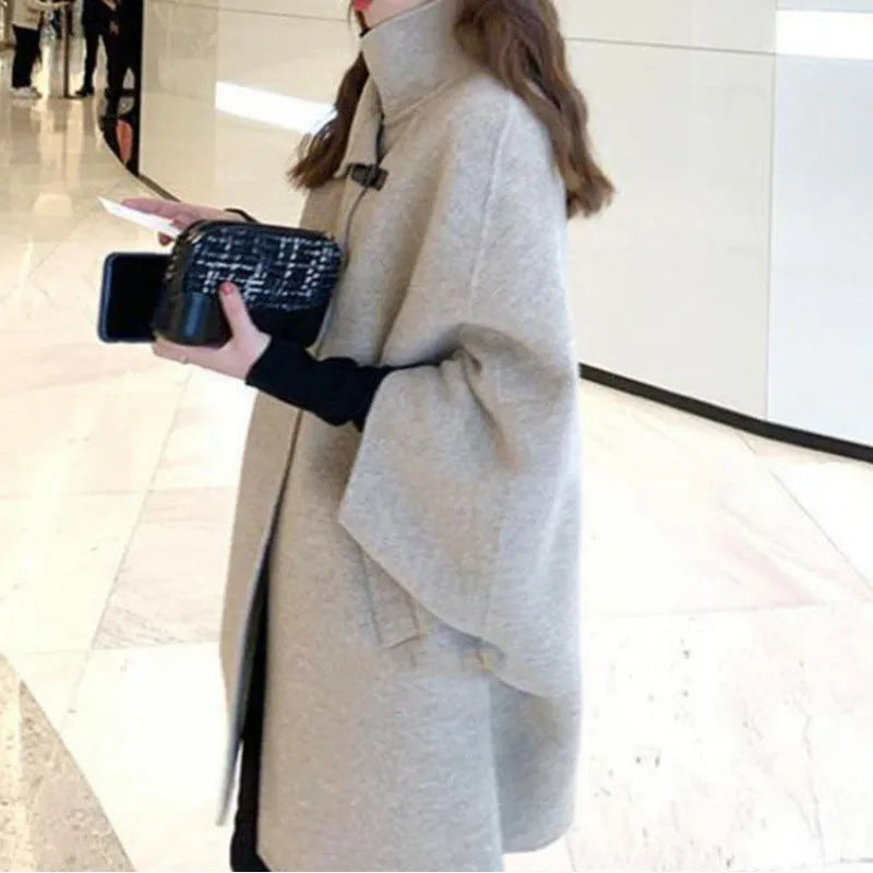 Women's solid colour acrylic flight sleeve long coat in oatmeal, 100cm length, front view