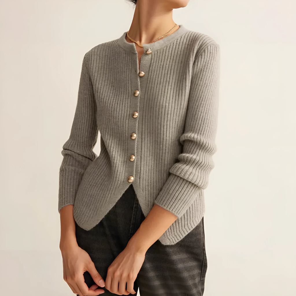 Womens loose fit solid colour cardigan sweater in Silver, autumn winter style, round collar, Bejirog fabric, shown on model