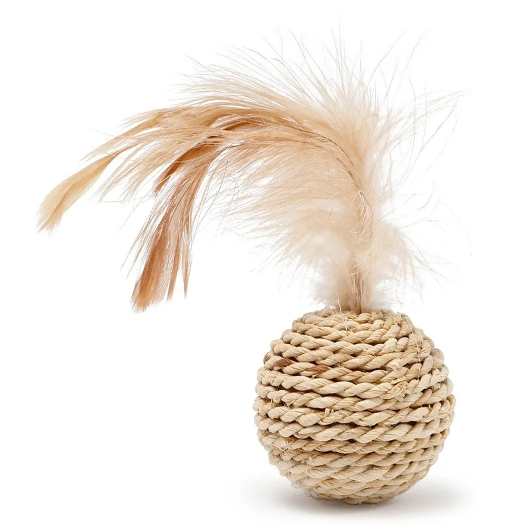 Cat toy set showing rattan ball with bell and faux feather ball on neutral background