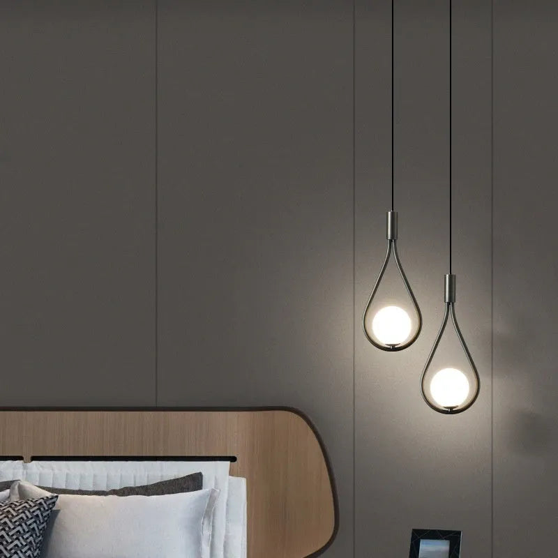 Modern minimalist bedside chandelier in copper honeycomb, copper milky white, or black gold finish with milky white shade